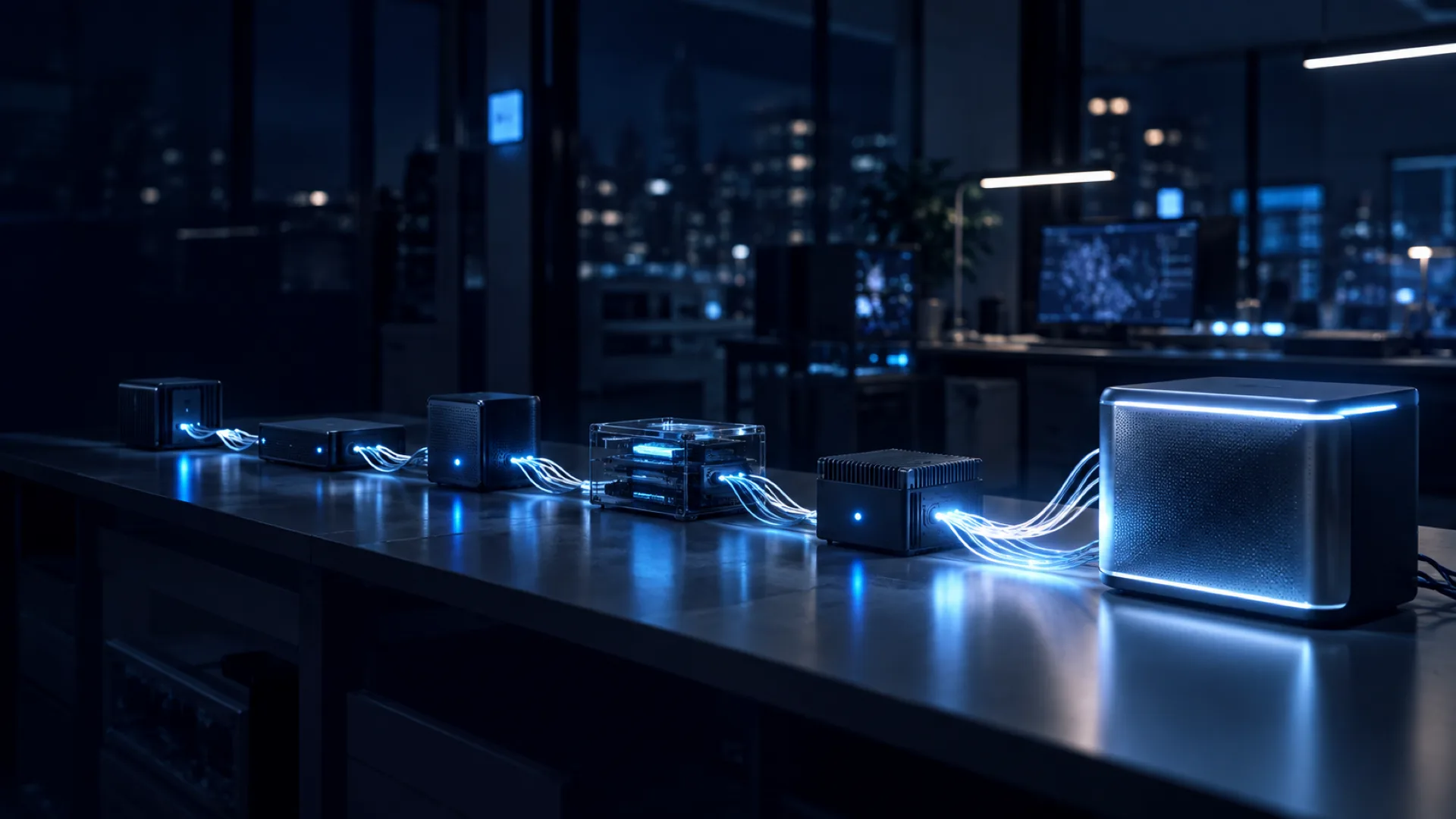 A chain of small AI devices on a desk passing glowing data to one finished system